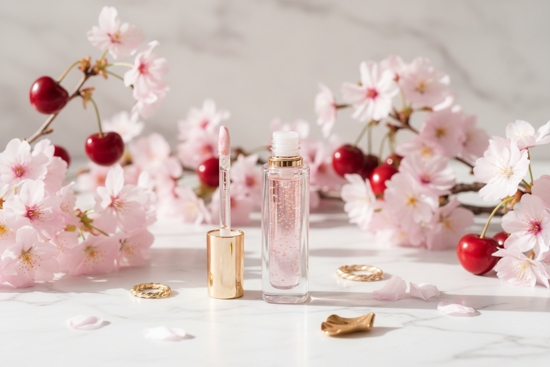 Cherry kernel oil lip gloss on marble with cherry blossoms