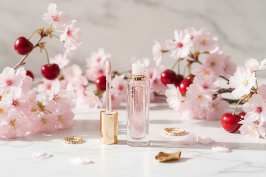 Cherry kernel oil lip gloss on marble with cherry blossoms