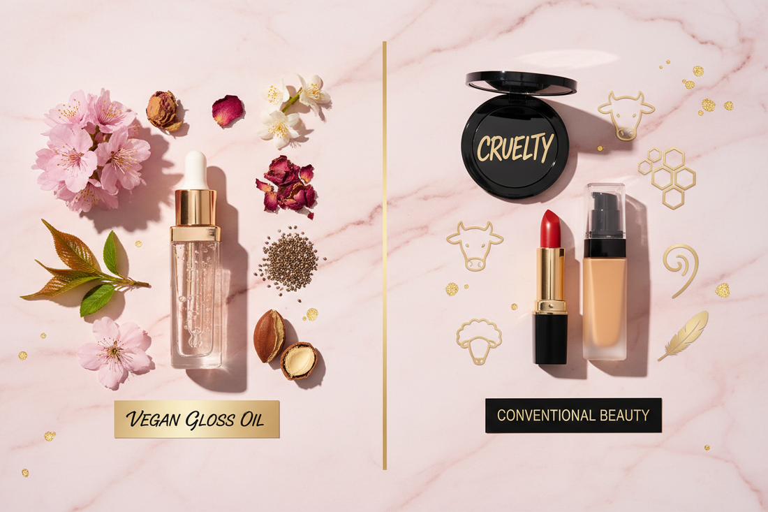 Vegan lip gloss oil with natural cherry blossom and plant ingredients compared to regular lip gloss — Glow Haven Beauty